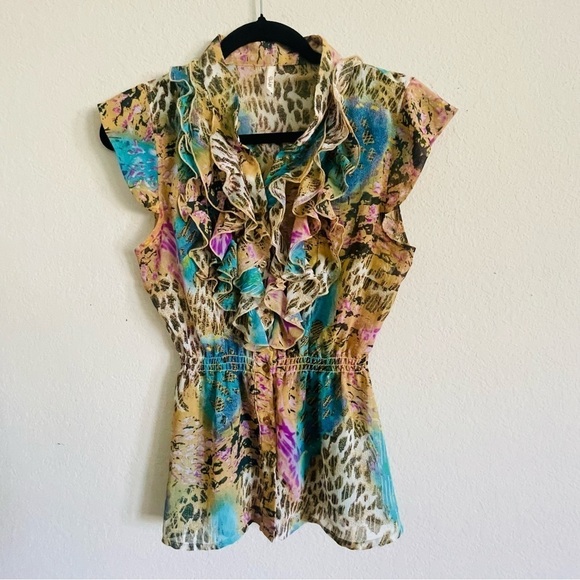 Myth nyc womans animal print blouse ruffled chest sophisticated chiffon sheer - Picture 1 of 10